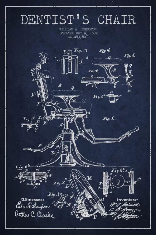 Dentist Chair Navy Blue Patent Blueprint by Aged Pixel wall art