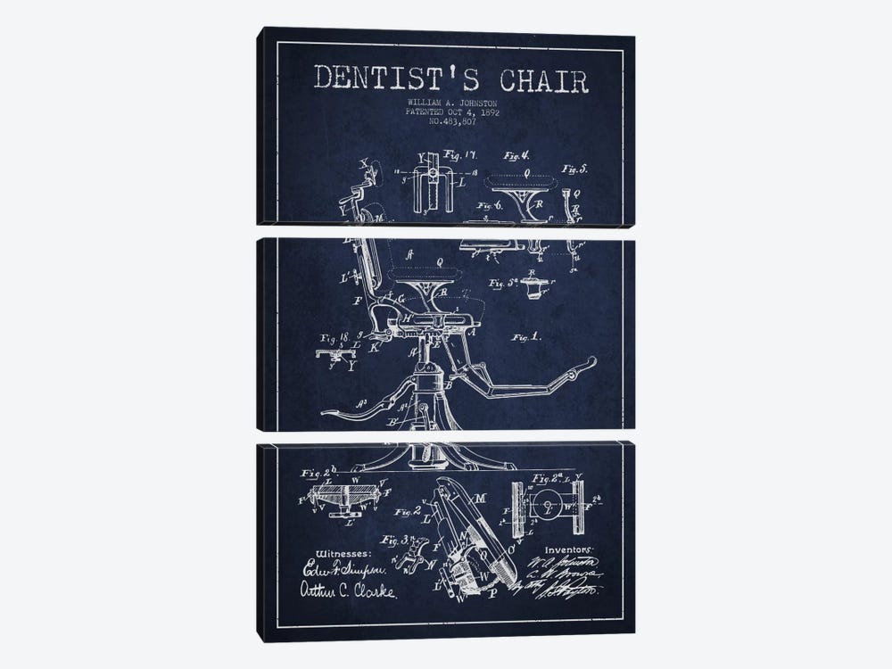 Dentist Chair Navy Blue Patent Blueprint by Aged Pixel 3-piece Canvas Artwork