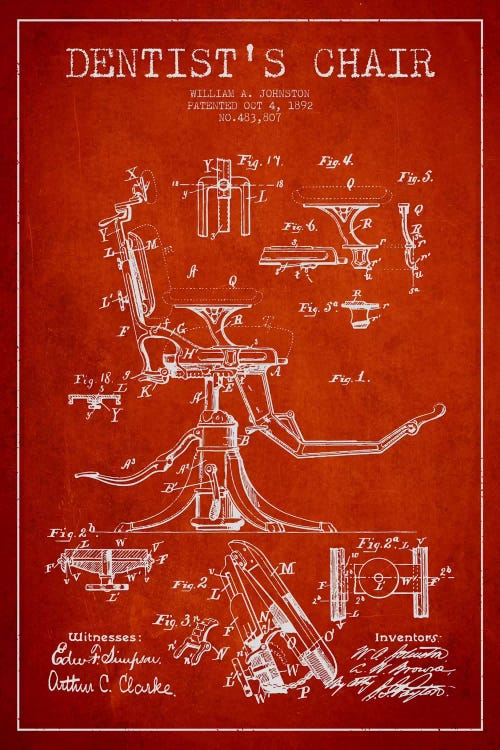Dentist Chair Red Patent Blueprint by Aged Pixel wall art