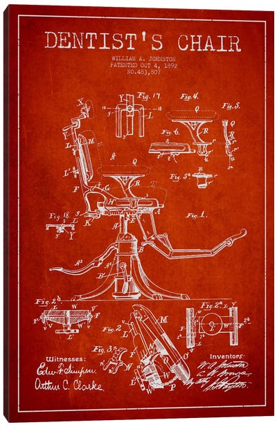 Dentist Chair Red Patent Blueprint Canvas Art Print - Aged Pixel: Medical & Dental