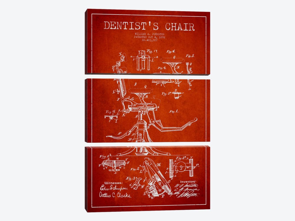 Dentist Chair Red Patent Blueprint by Aged Pixel 3-piece Art Print