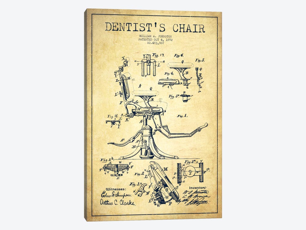 Dentist Chair Vintage Patent Blueprint by Aged Pixel 1-piece Canvas Artwork