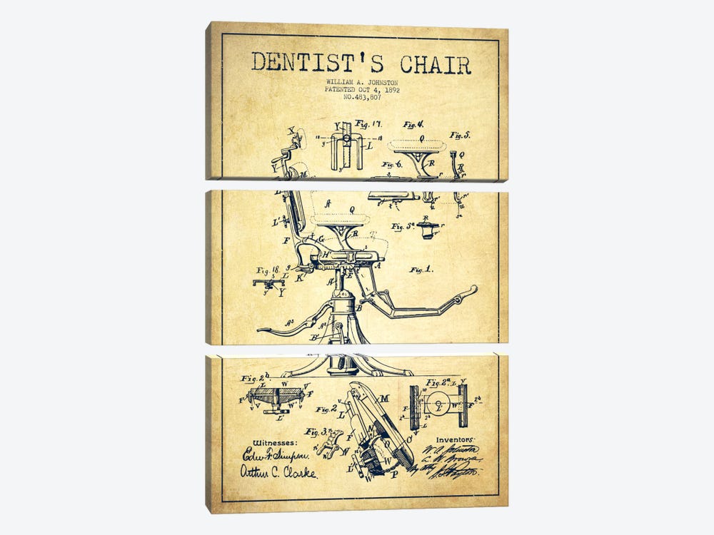 Dentist Chair Vintage Patent Blueprint by Aged Pixel 3-piece Canvas Wall Art