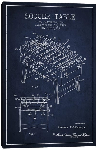 Soccer Table Navy Blue Patent Blueprint Canvas Art Print - Sports Blueprints