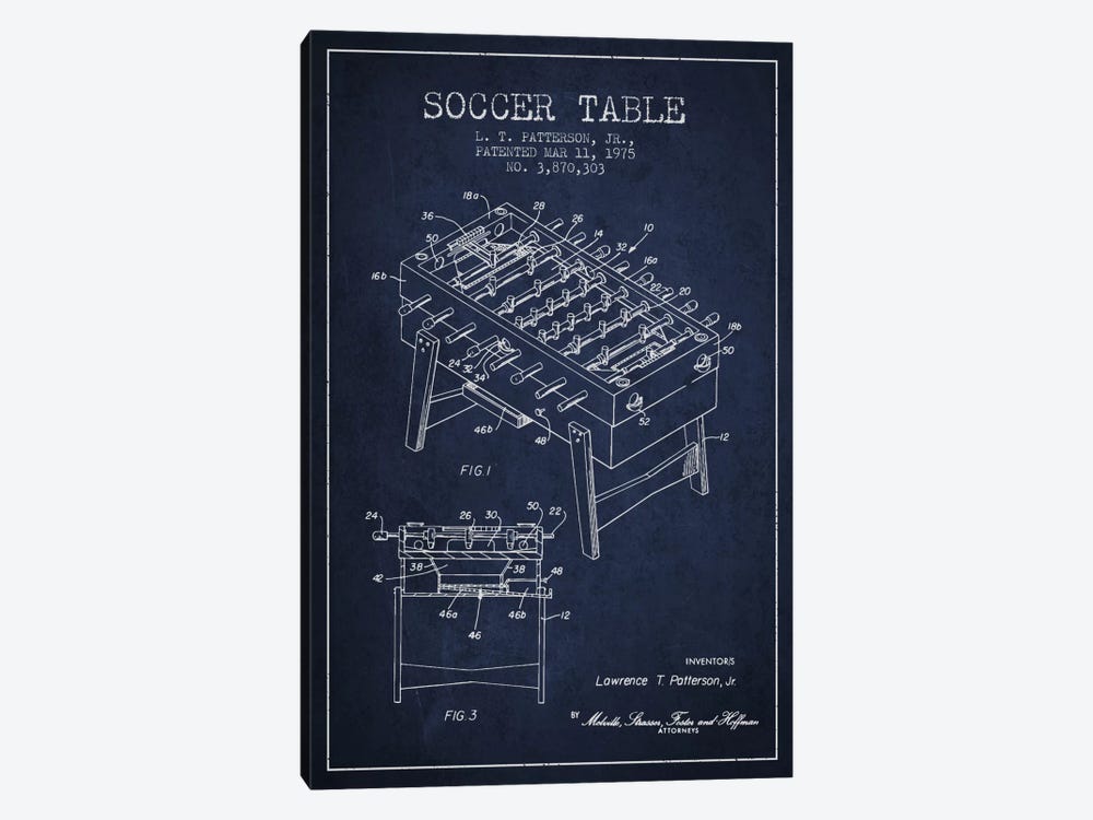 Soccer Table Navy Blue Patent Blueprint by Aged Pixel 1-piece Canvas Wall Art