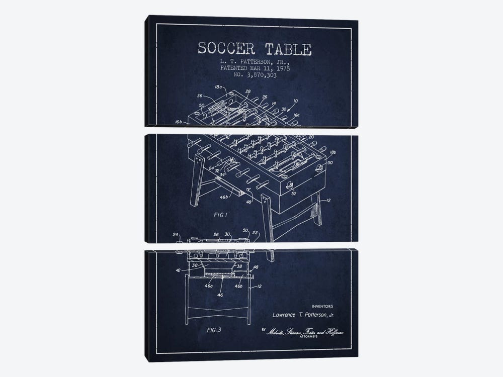 Soccer Table Navy Blue Patent Blueprint by Aged Pixel 3-piece Canvas Wall Art