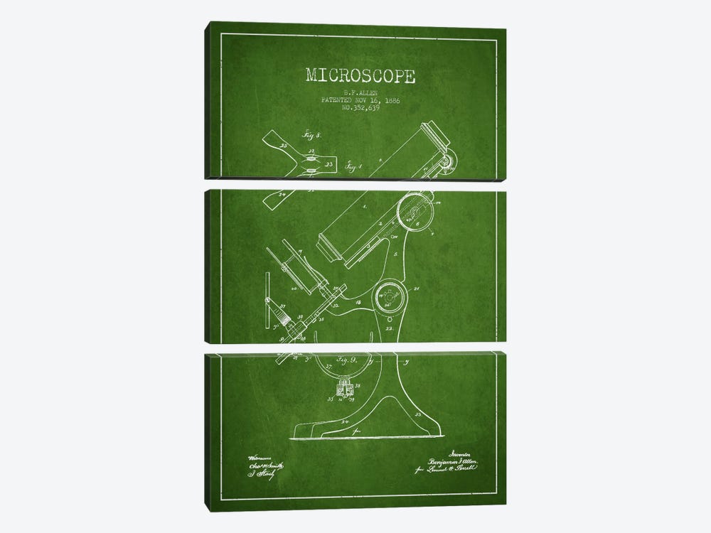 Microscope Green Patent Blueprint by Aged Pixel 3-piece Canvas Print