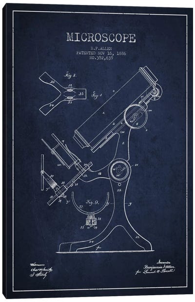 Microscope Navy Blue Patent Blueprint Canvas Art Print - Medical & Dental Blueprints