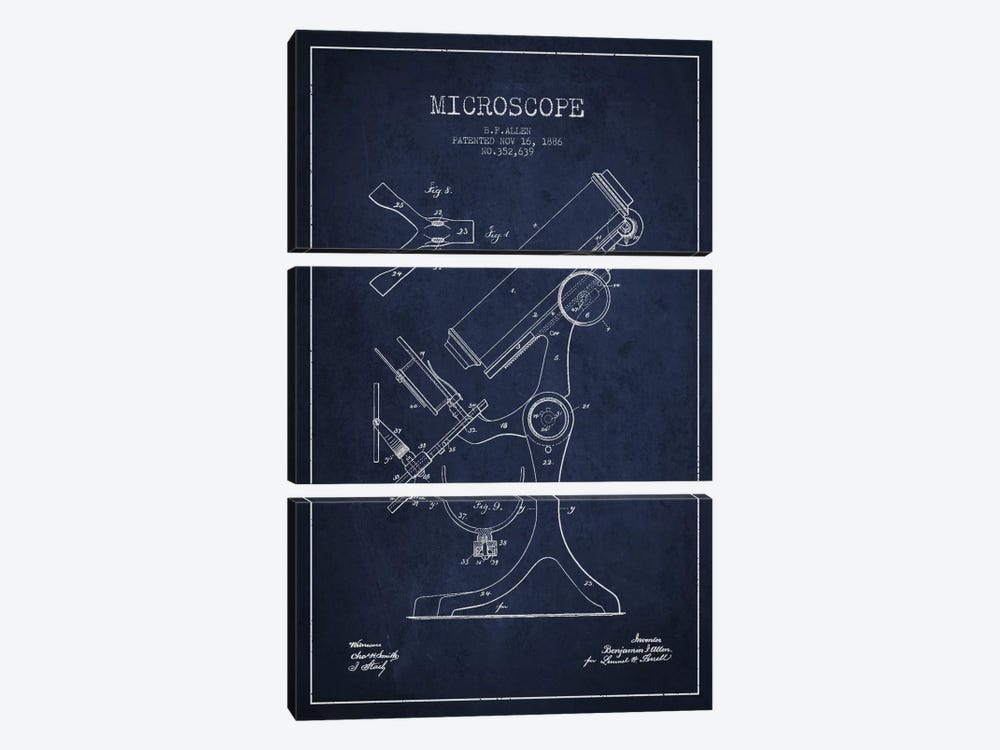Microscope Navy Blue Patent Blueprint by Aged Pixel 3-piece Canvas Art