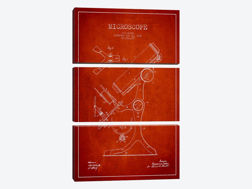 Microscope Red Patent Blueprint by Aged Pixel 3-piece Art Print
