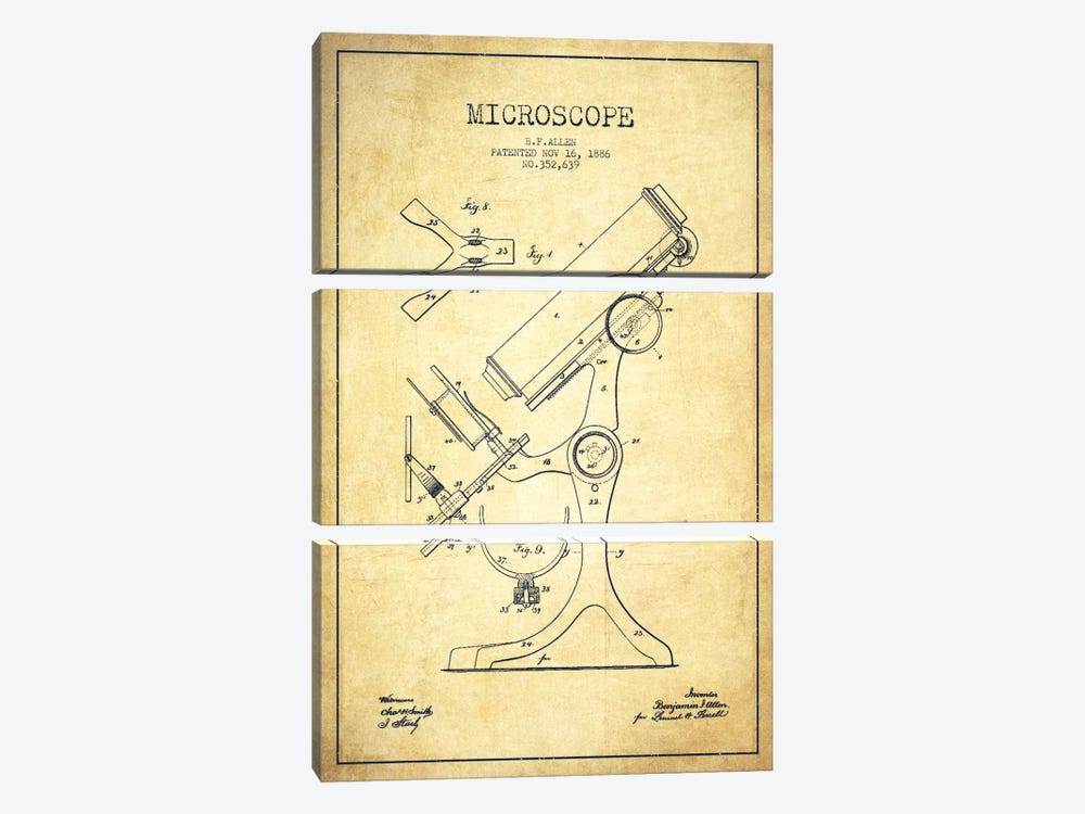Microscope Vintage Patent Blueprint by Aged Pixel 3-piece Canvas Wall Art