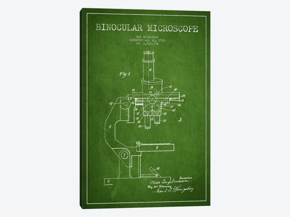 Microscope Green Patent Blueprint by Aged Pixel 1-piece Canvas Artwork