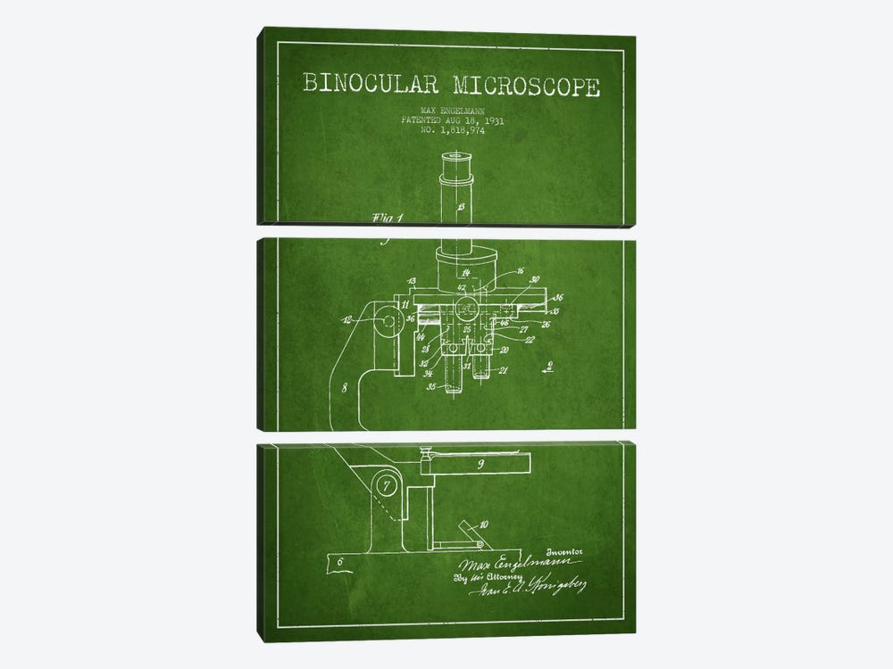 Microscope Green Patent Blueprint by Aged Pixel 3-piece Canvas Wall Art