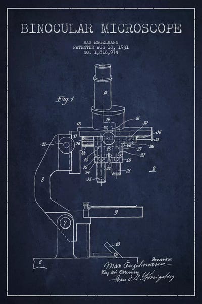 Microscope Navy Blue Patent Blueprint by Aged Pixel framed wall art