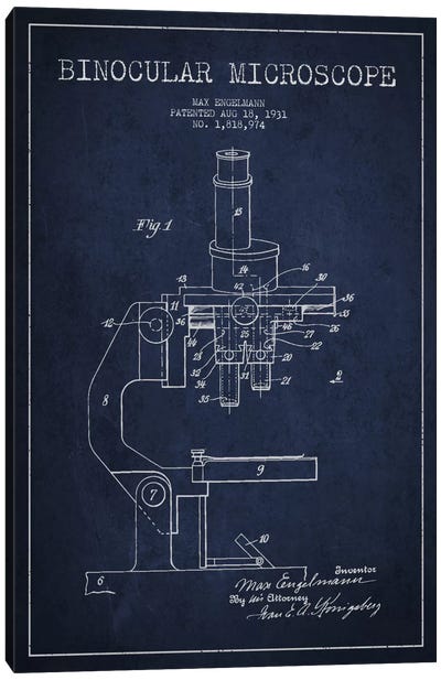 Microscope Navy Blue Patent Blueprint Canvas Art Print - Aged Pixel: Medical & Dental