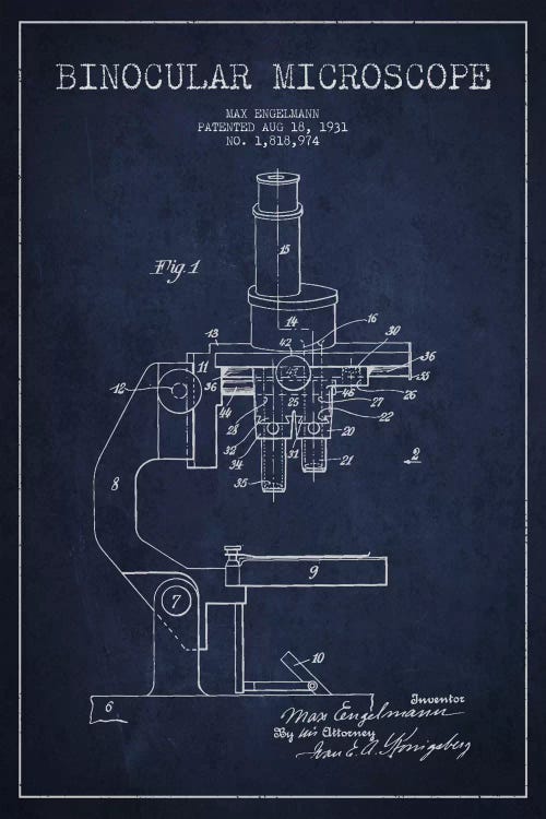 Microscope Navy Blue Patent Blueprint by Aged Pixel wall art