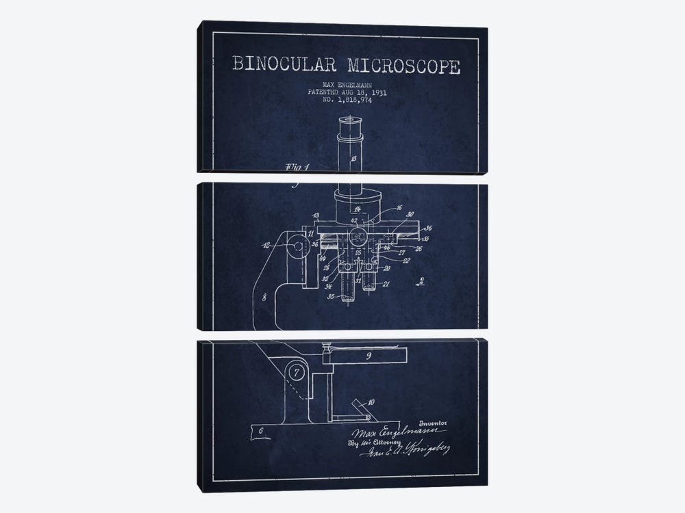 Microscope Navy Blue Patent Blueprint by Aged Pixel 3-piece Canvas Print