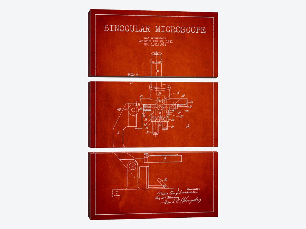 Microscope Red Patent Blueprint by Aged Pixel 3-piece Canvas Wall Art