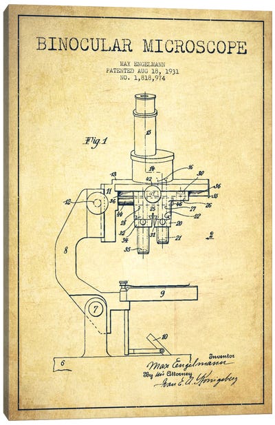 Microscope Vintage Patent Blueprint Canvas Art Print - Medical & Dental Blueprints