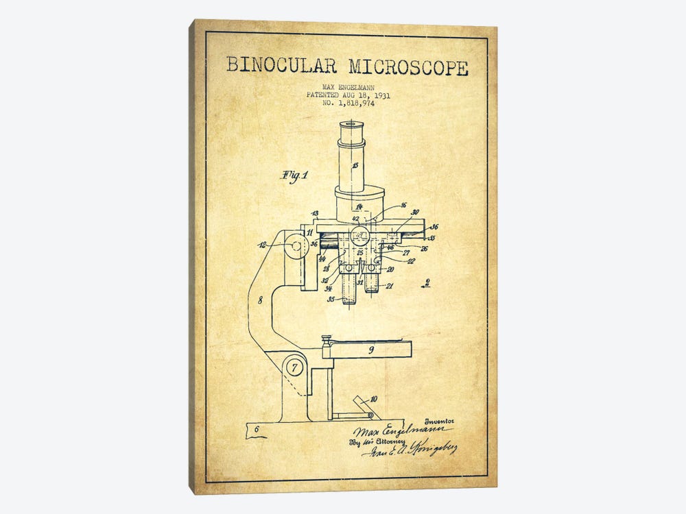Microscope Vintage Patent Blueprint by Aged Pixel 1-piece Canvas Art Print