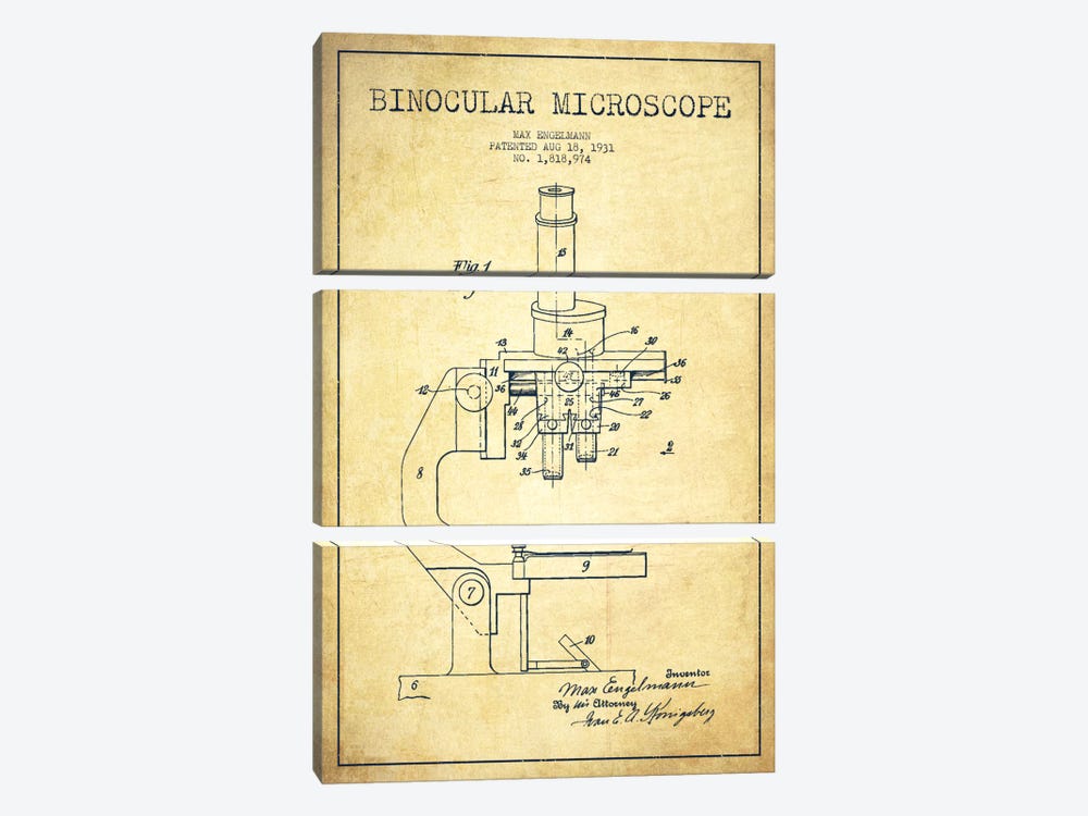 Microscope Vintage Patent Blueprint by Aged Pixel 3-piece Canvas Art Print