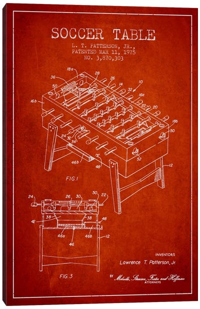 Soccer Table Red Patent Blueprint Canvas Art Print - Toy & Game Blueprints