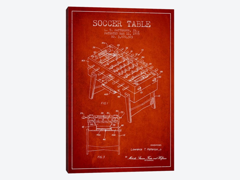Soccer Table Red Patent Blueprint by Aged Pixel 1-piece Canvas Print
