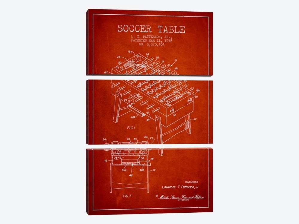 Soccer Table Red Patent Blueprint by Aged Pixel 3-piece Canvas Print