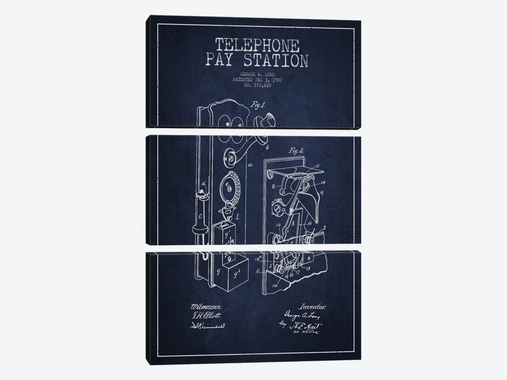 Long Telephone Blue Patent Blueprint by Aged Pixel 3-piece Canvas Wall Art