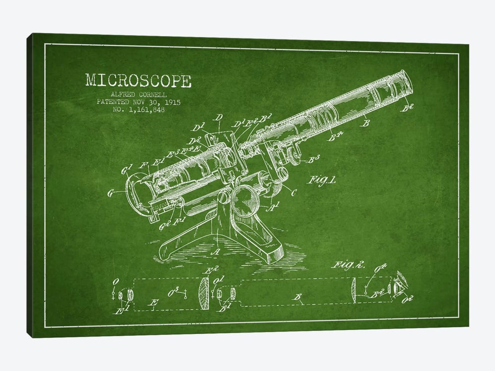 Microscope Green Patent Blueprint by Aged Pixel 1-piece Canvas Art Print