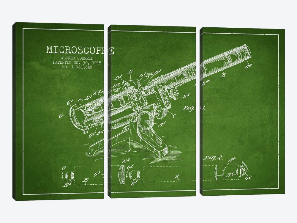 Microscope Green Patent Blueprint by Aged Pixel 3-piece Canvas Art Print