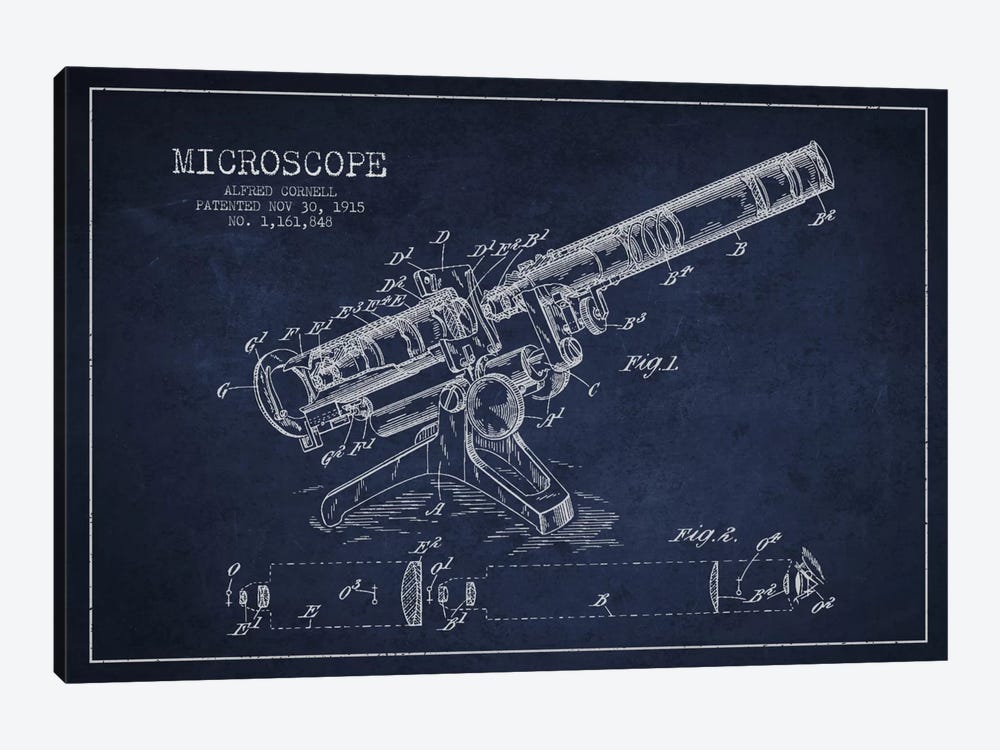 Microscope Navy Blue Patent Blueprint by Aged Pixel 1-piece Canvas Artwork