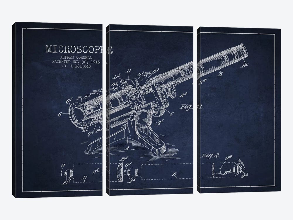 Microscope Navy Blue Patent Blueprint by Aged Pixel 3-piece Canvas Artwork
