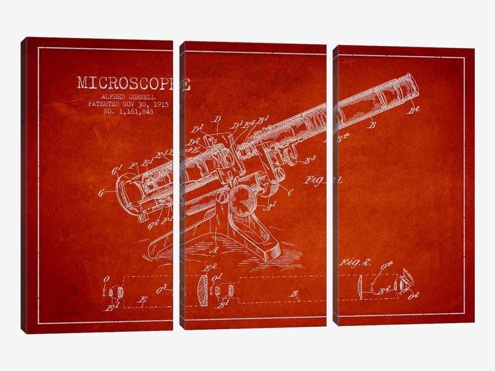 Microscope Red Patent Blueprint by Aged Pixel 3-piece Canvas Art Print