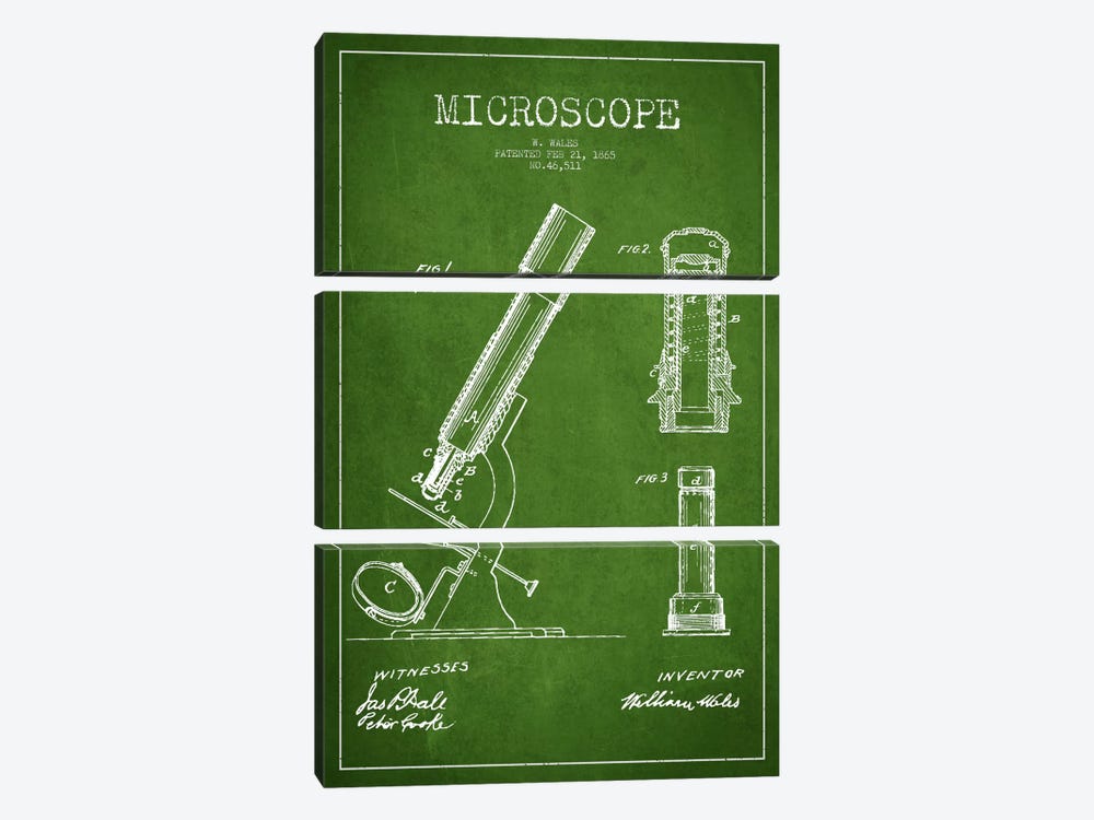 Microscope Green Patent Blueprint by Aged Pixel 3-piece Canvas Artwork