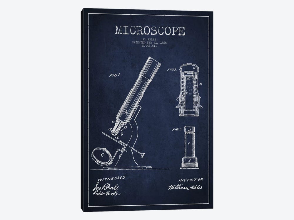 Microscope Navy Blue Patent Blueprint by Aged Pixel 1-piece Canvas Art Print