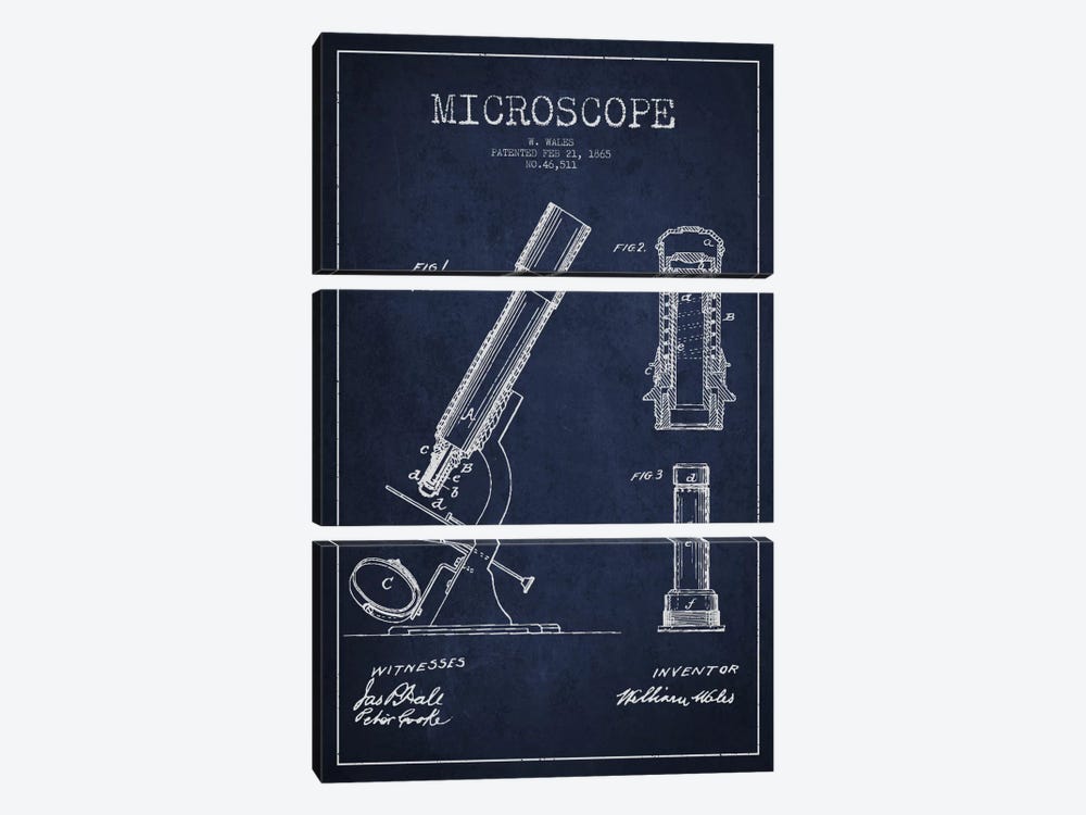 Microscope Navy Blue Patent Blueprint by Aged Pixel 3-piece Canvas Print