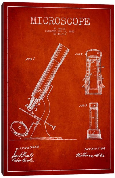 Microscope Red Patent Blueprint Canvas Art Print - Aged Pixel: Medical & Dental