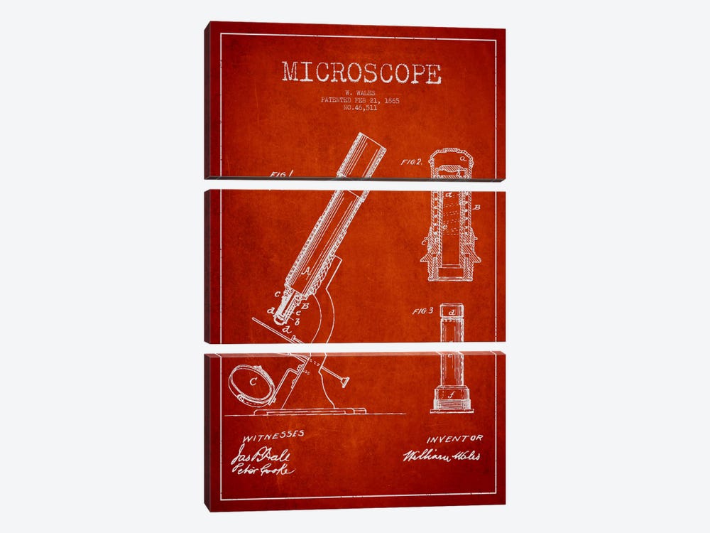 Microscope Red Patent Blueprint by Aged Pixel 3-piece Canvas Artwork
