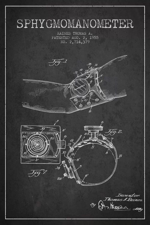 Sphygmomanometer Charcoal Patent Blueprint by Aged Pixel wall art