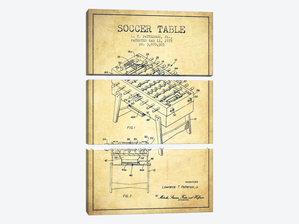 Soccer Table Vintage Patent Blueprint by Aged Pixel 3-piece Canvas Print