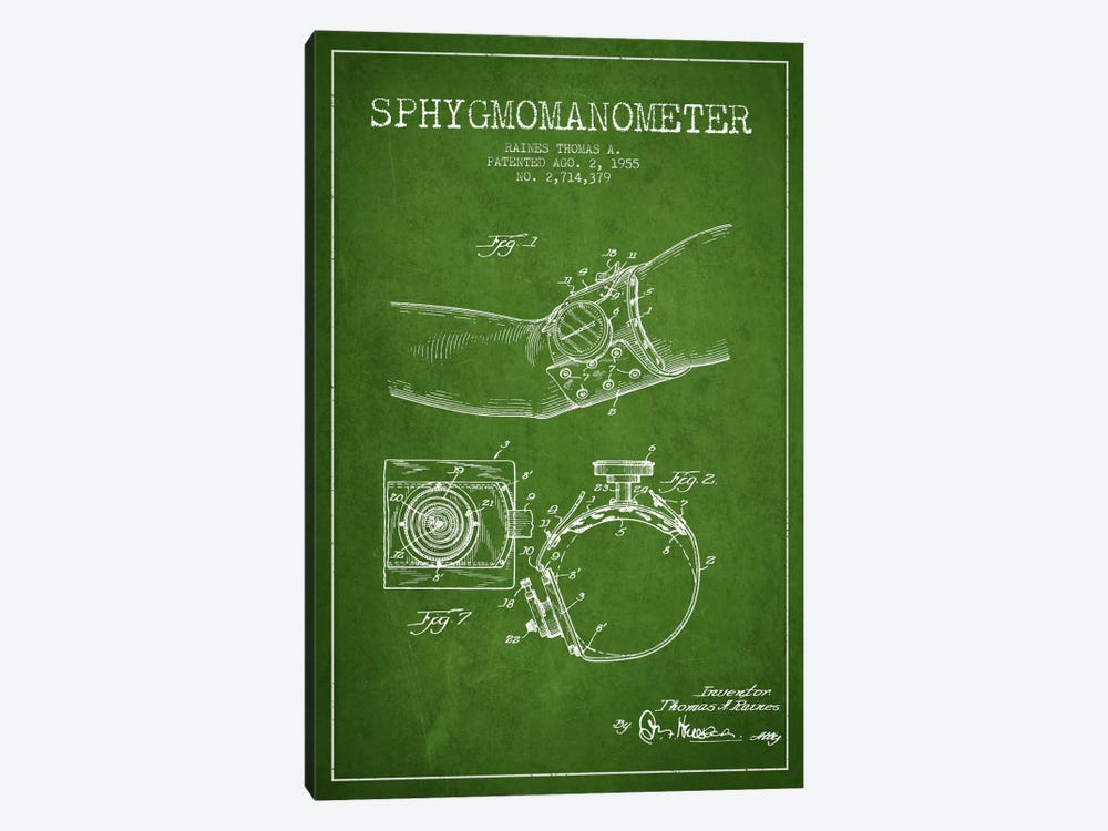 Sphygmomanometer Green Patent Blueprint by Aged Pixel 1-piece Canvas Artwork