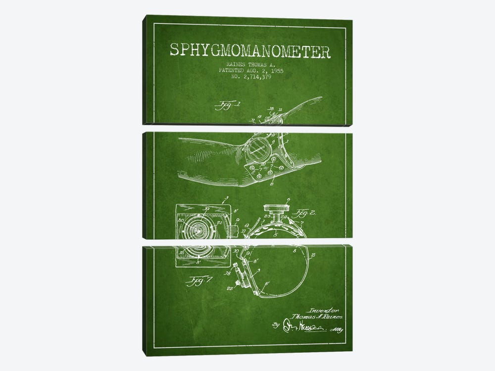 Sphygmomanometer Green Patent Blueprint by Aged Pixel 3-piece Canvas Wall Art