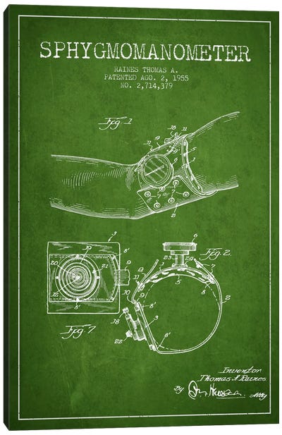 Sphygmomanometer Green Patent Blueprint Canvas Art Print - Medical & Dental Blueprints