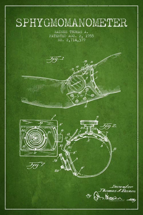 Sphygmomanometer Green Patent Blueprint by Aged Pixel wall art
