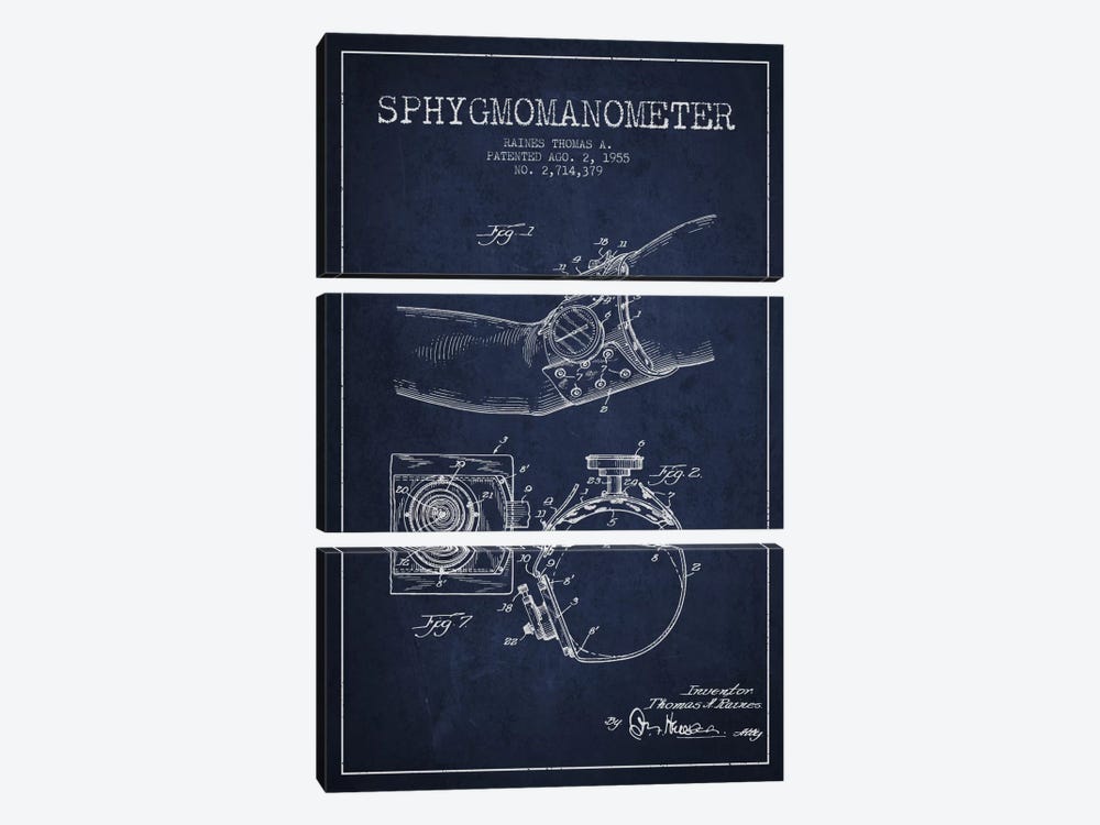 Sphygmomanometer Navy Blue Patent Blueprint by Aged Pixel 3-piece Art Print
