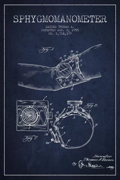 Medical & Dental Blueprints: Sphygmomanometer Navy Blue Patent Blueprint by Aged Pixel