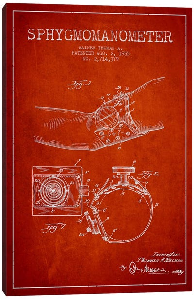 Sphygmomanometer Red Patent Blueprint Canvas Art Print - Medical & Dental Blueprints
