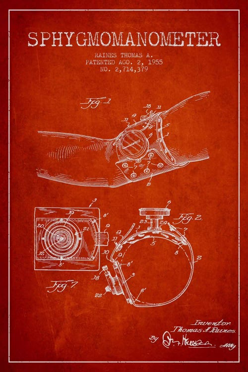 Sphygmomanometer Red Patent Blueprint by Aged Pixel wall art