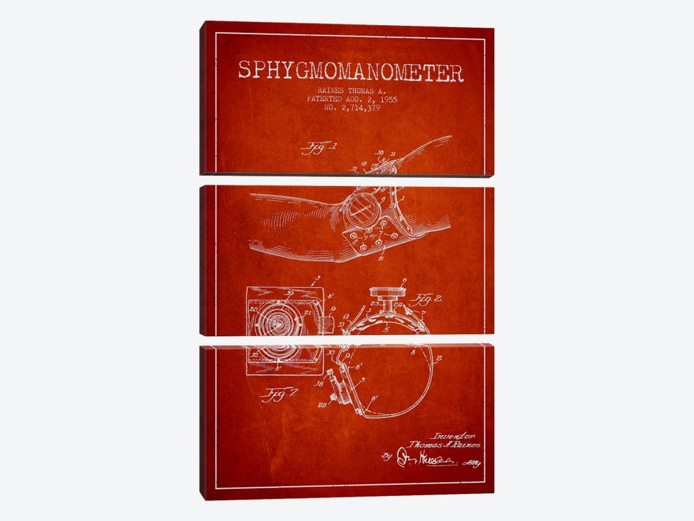 Sphygmomanometer Red Patent Blueprint by Aged Pixel 3-piece Canvas Wall Art